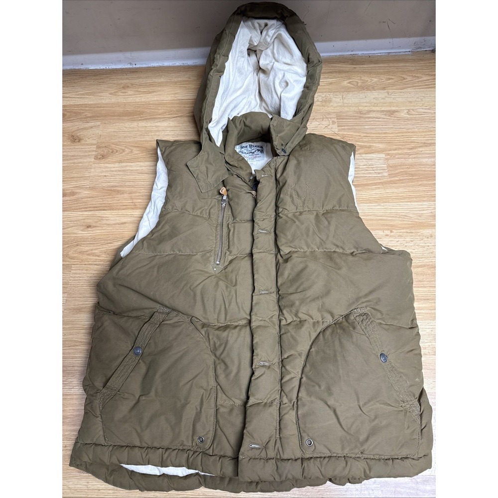 True Religion Hooded Puffer Vest Mens 2XL Quilted Dark‎ Kaki Full Zip